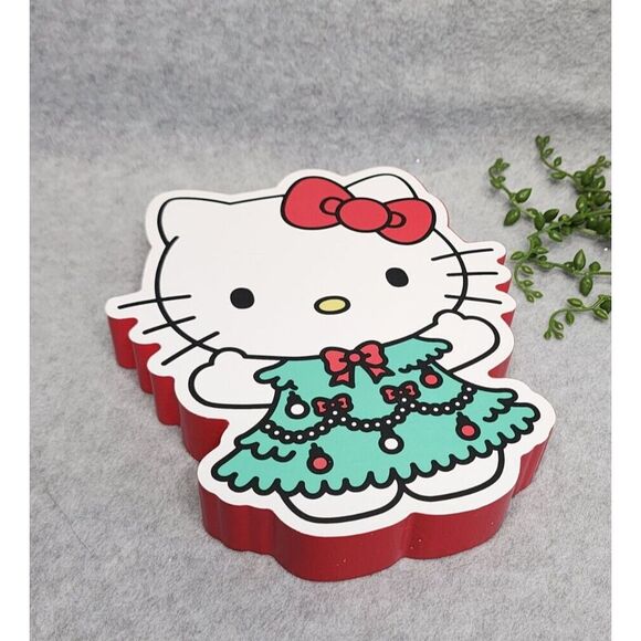 Hello Kitty Other - Hello Kitty Christmas Tree Dress Wood Block Sign Decor 8" Tabletop NEW